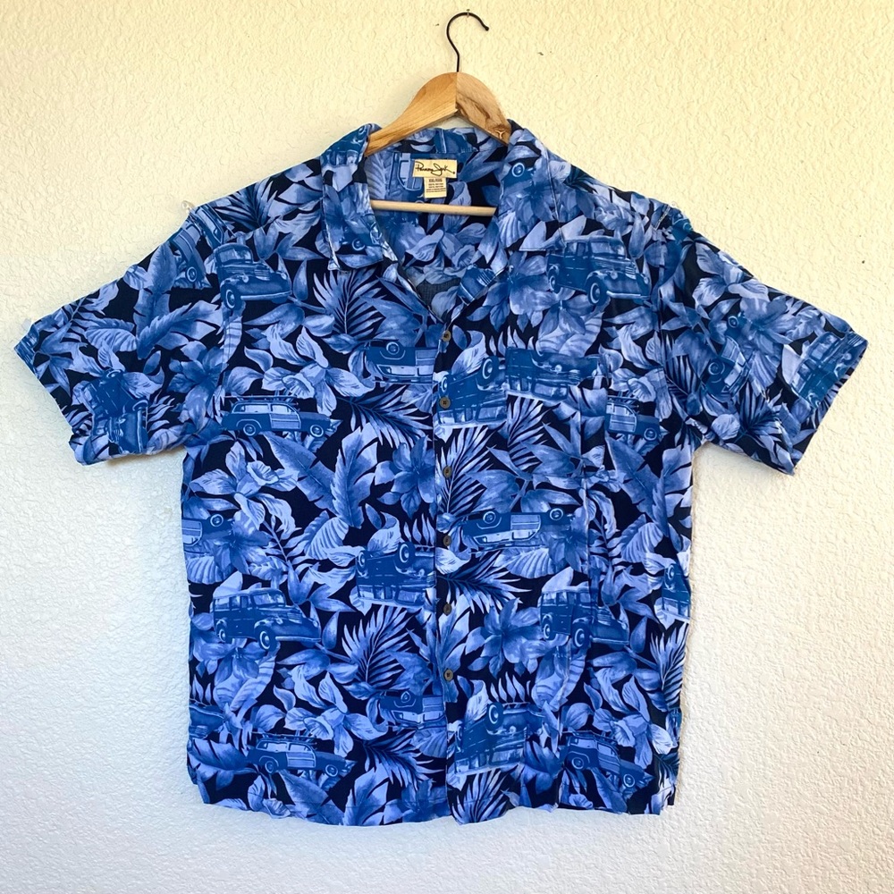 ❣️sold❣️PANAMA JACK | Aloha Blue Hawaiian Shirt: Tropical Vacation, Old Cars